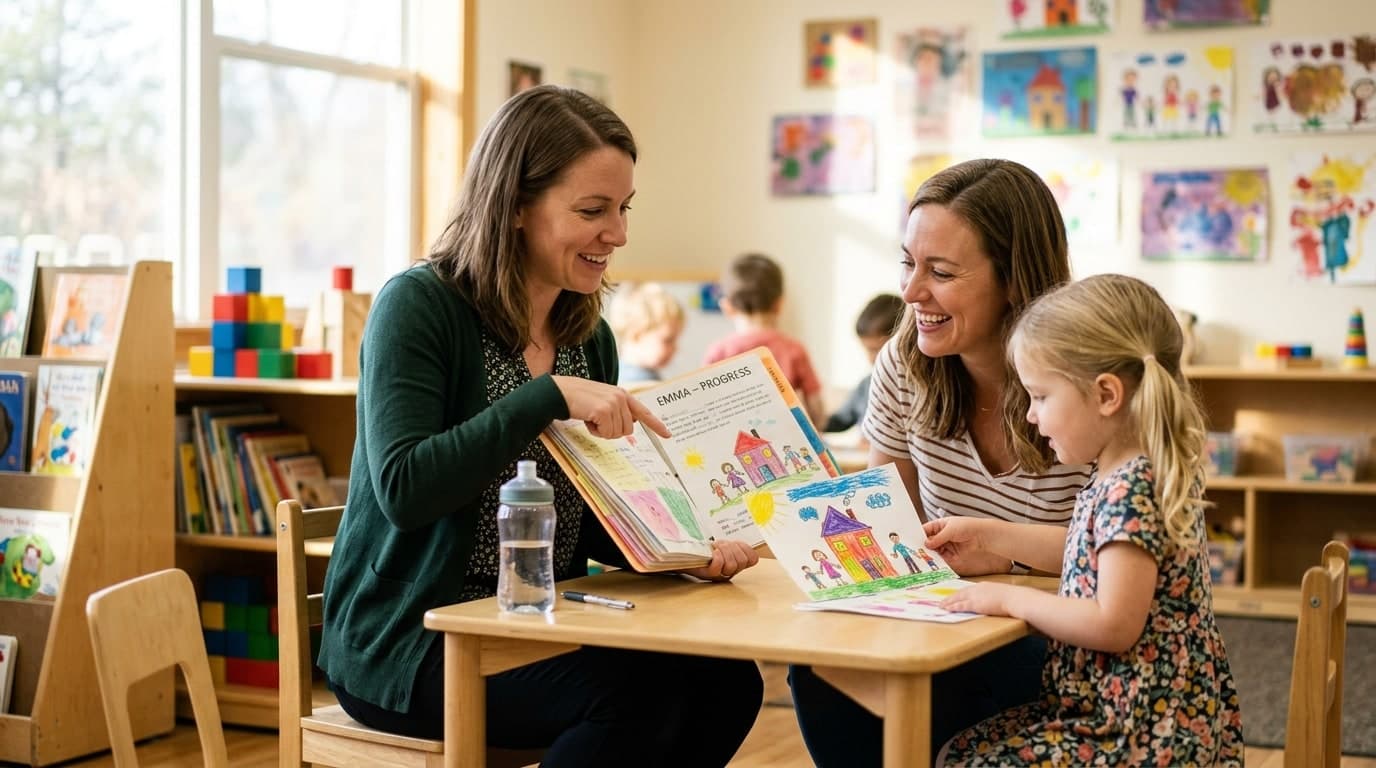 A teacher showing a child's progress folder and artwork to a smiling parent at a classroom table